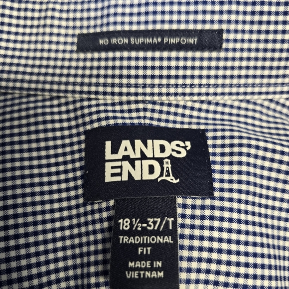 Lands End Dress Shirt Mens Button Up XXL 18.5 Blue Gingham Check 37/T Oeko-Tex - Picture 6 of 9